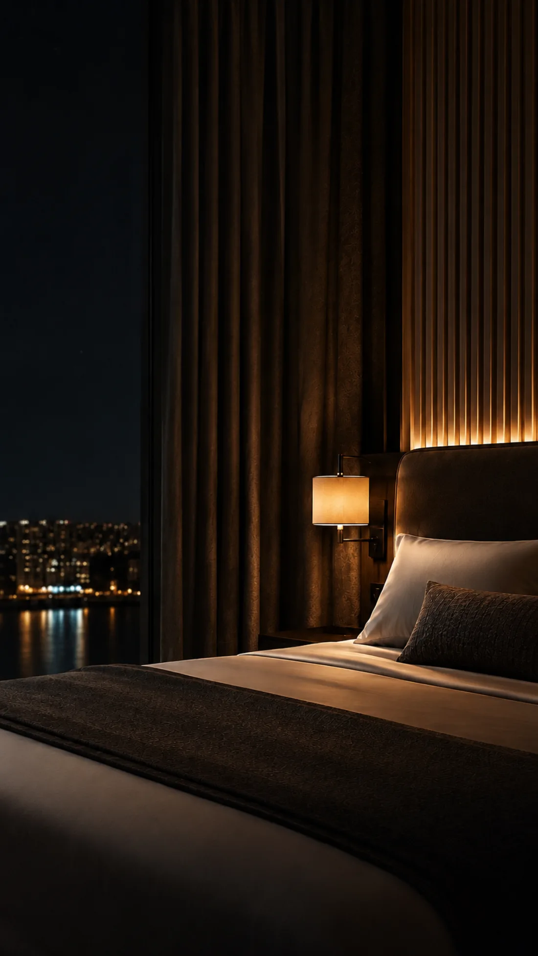 Otel odasında gece aydınlatması ve yatak