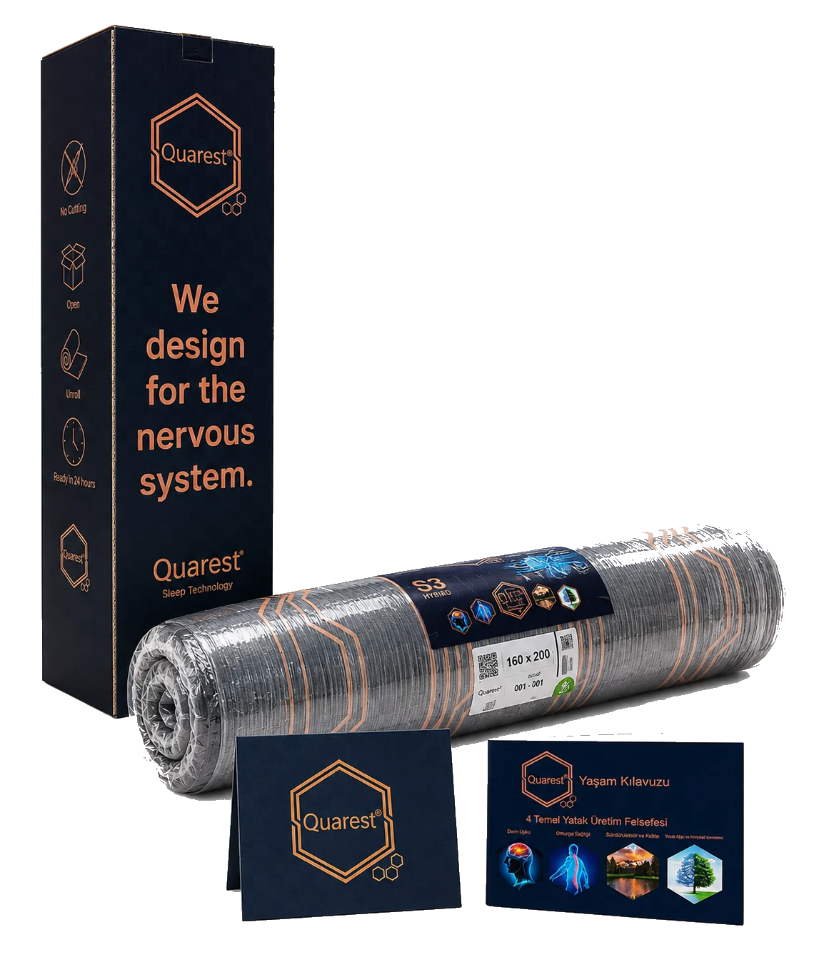 Quarest Roll-Pack yatağı, kutusu ve yaşam kılavuzu